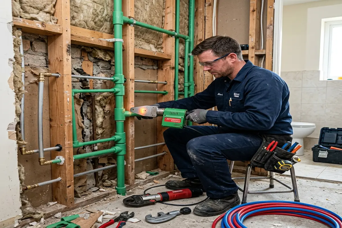 Técnico instalando tuberías de PPR y multicapa en pared durante reforma de baño