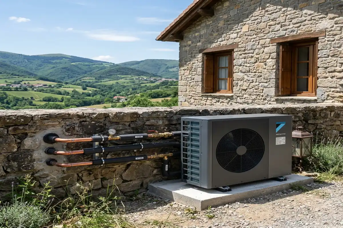 Instalación de bomba de calor exterior de aerotermia en vivienda de Navarra
