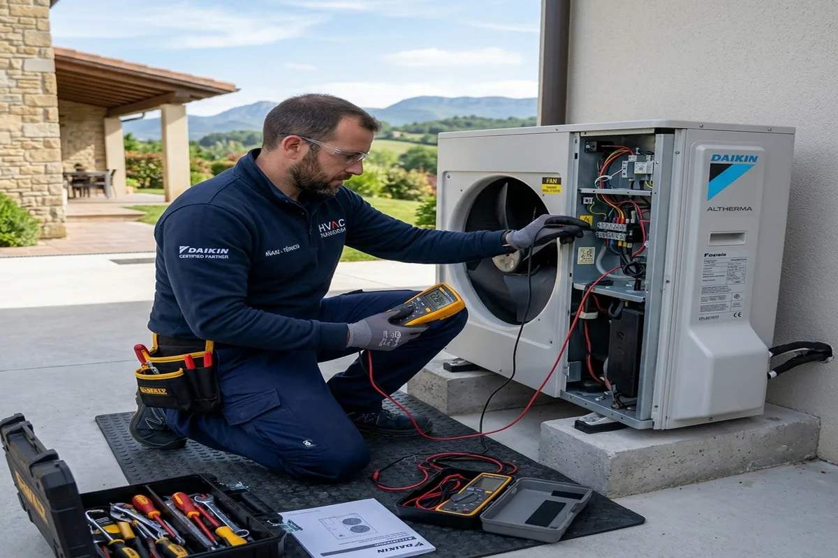 Técnico de Fontanería Hermanos Izura realizando mantenimiento de aerotermia