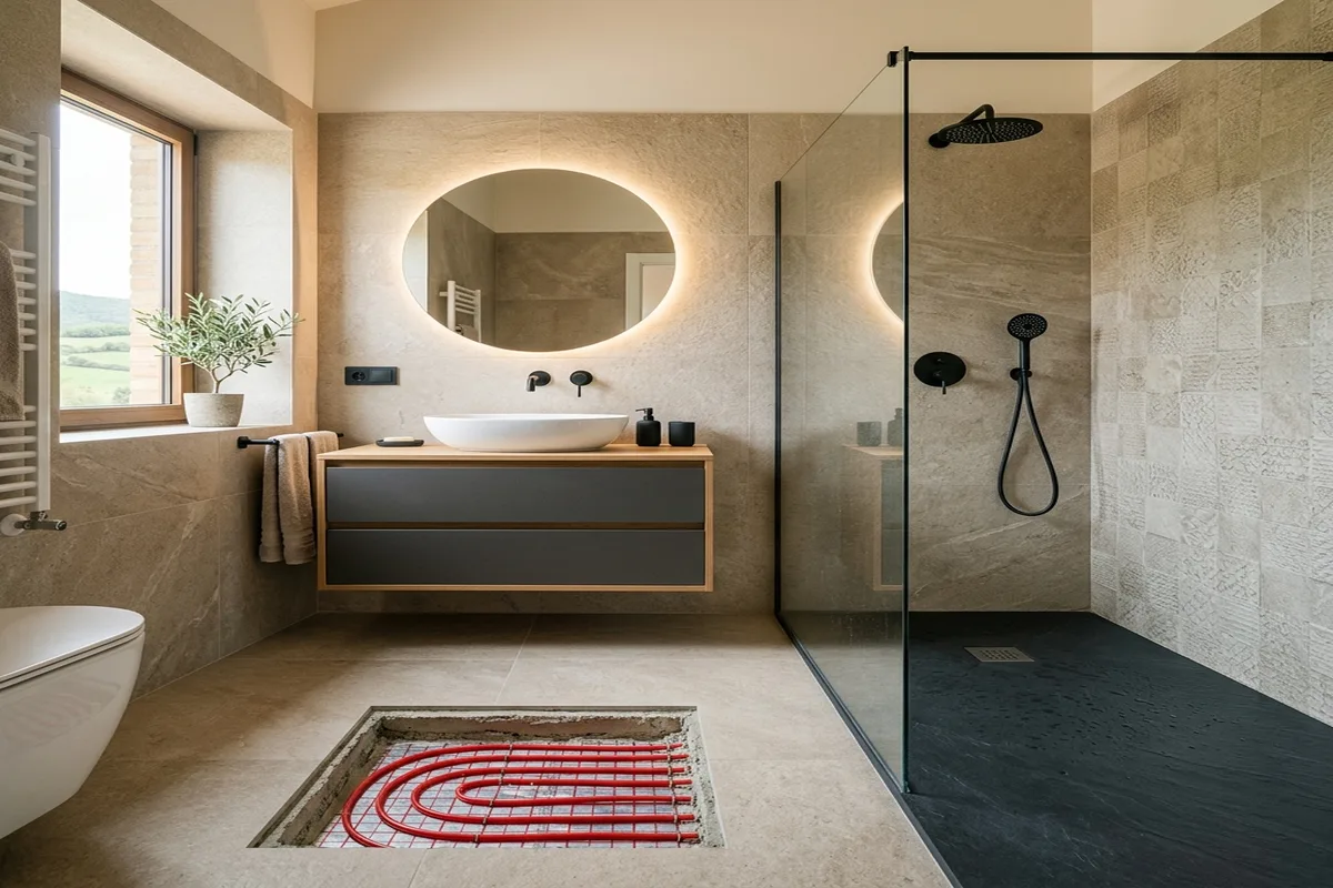 Reforma integral de baño moderna realizada en Navarra por Izura